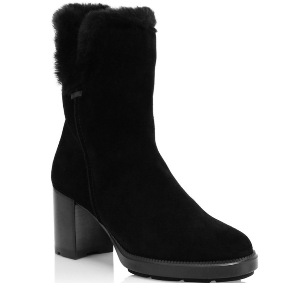Aquatalia Ilisha Waterproof Suede Leather Fur Lined Heeled Ankle Boot Black 10